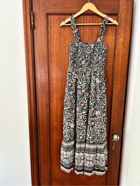 Marine Layer Black Floral Smocked Top with Pink & Teal Accents